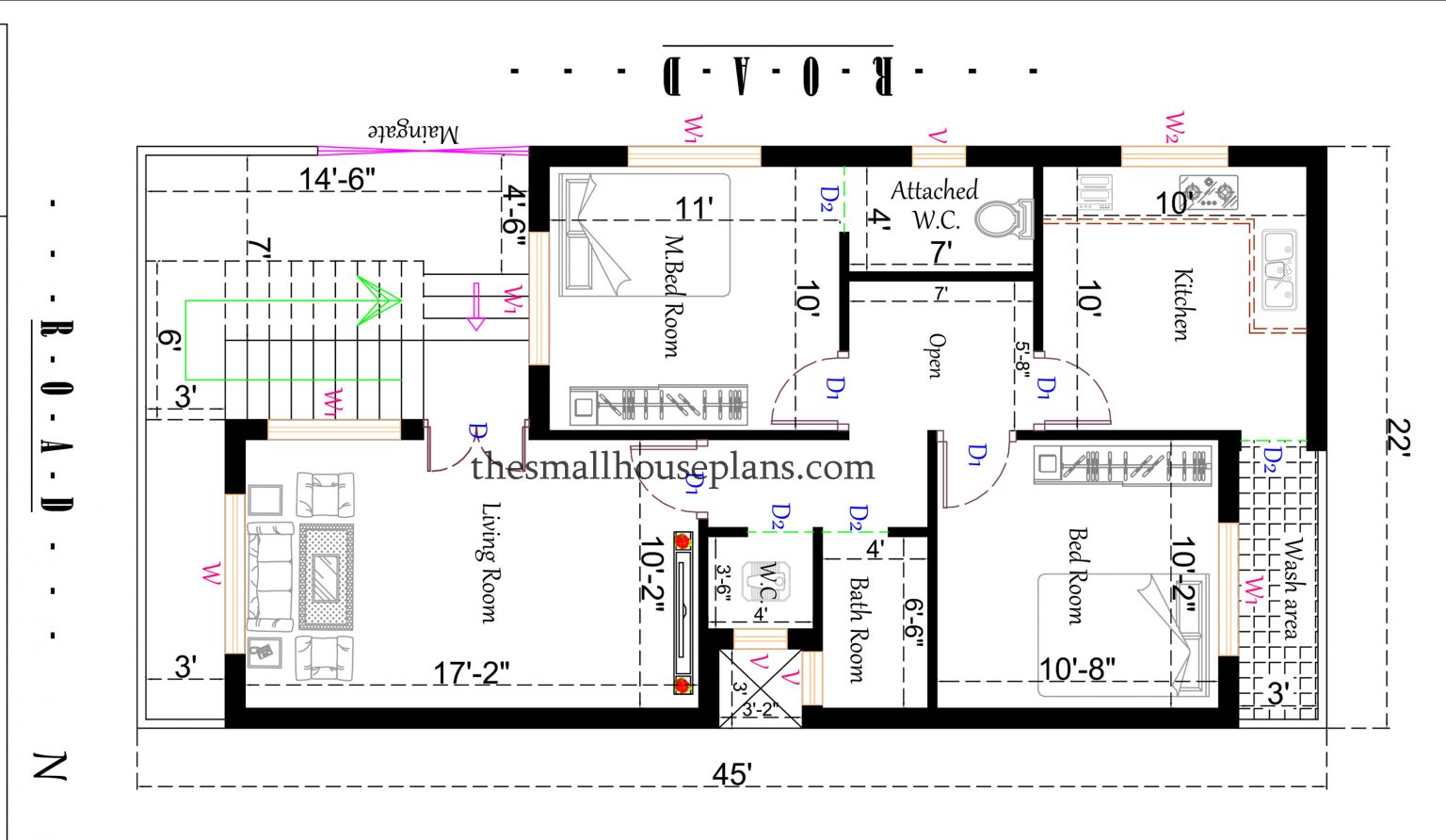 North Facing House Vastu Plan In 1000 Sq Ft-Best 2Bhk Plan